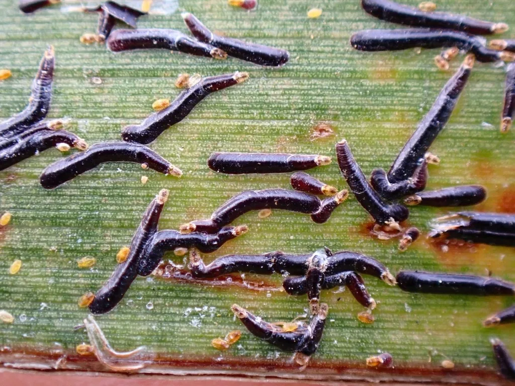Black thread scale covers, long and shiny black, on a palm leaf
