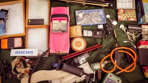 Cluttered shelves of secondhand goods