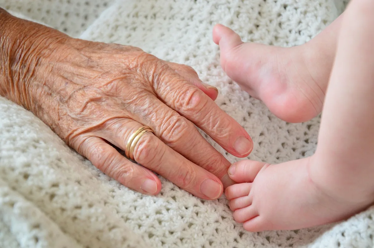 An older and younger person's hands together