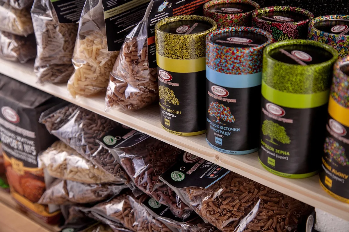 Products lined up on a store shelf
