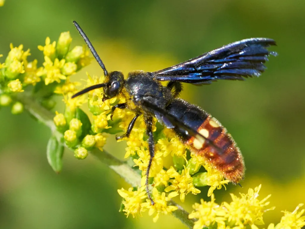 Blue-winged scoliid wasp on goldenrod, showing blue-black wings, two yellow spots and a reddish rear abdomen