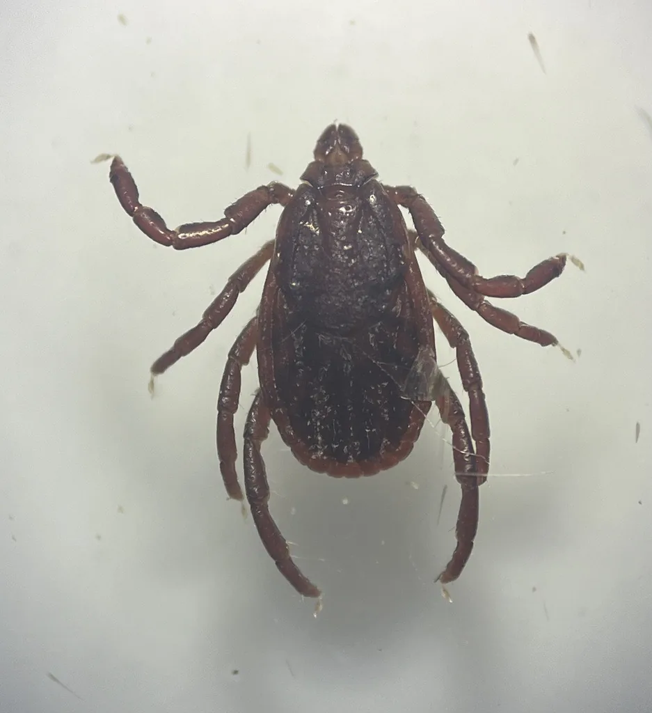 Adult male brown dog tick seen from above, reddish-brown with a long, plain unmarked body and eight legs, on a pale surface