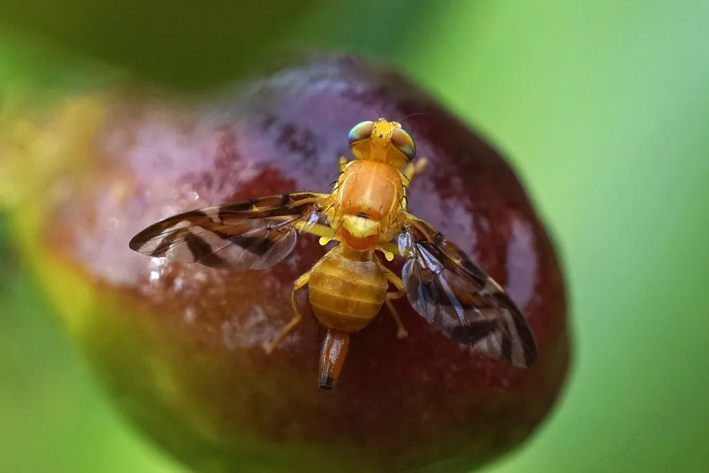 Caribbean fruit fly, a yellow-brown fly with brown-banded wings, on a ripe red fruit