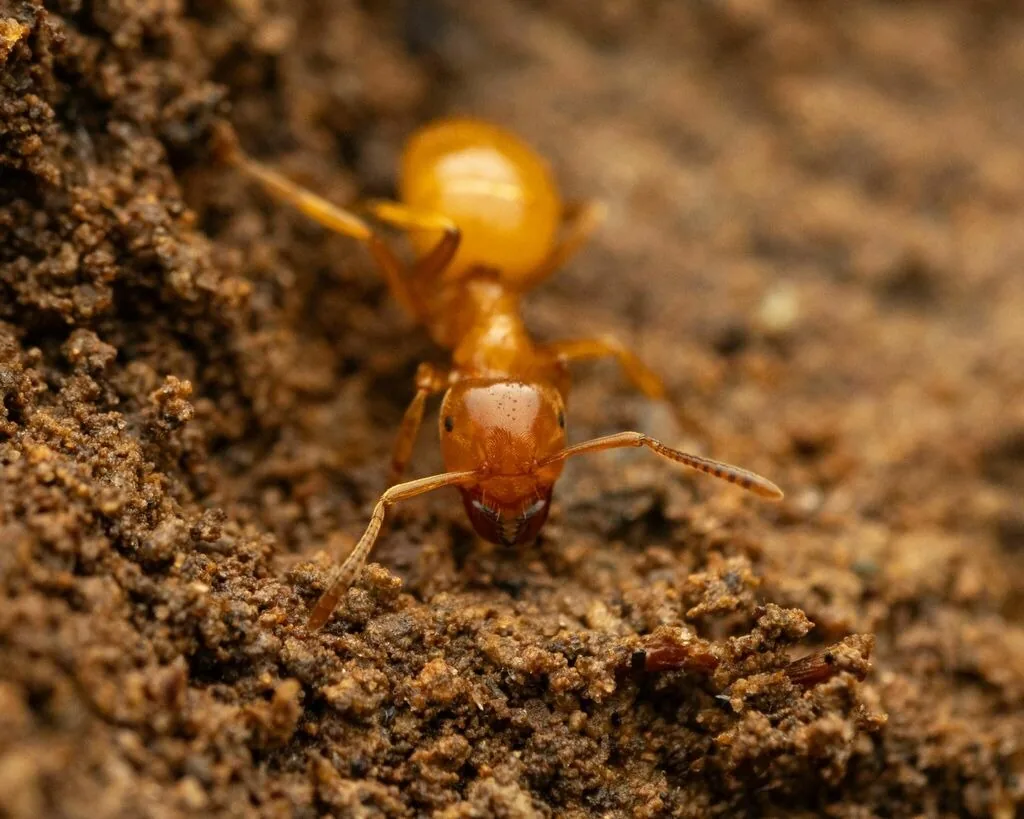 Larger yellow (citronella) ant worker, a pale yellow-orange ant with a rounded abdomen, on bare soil