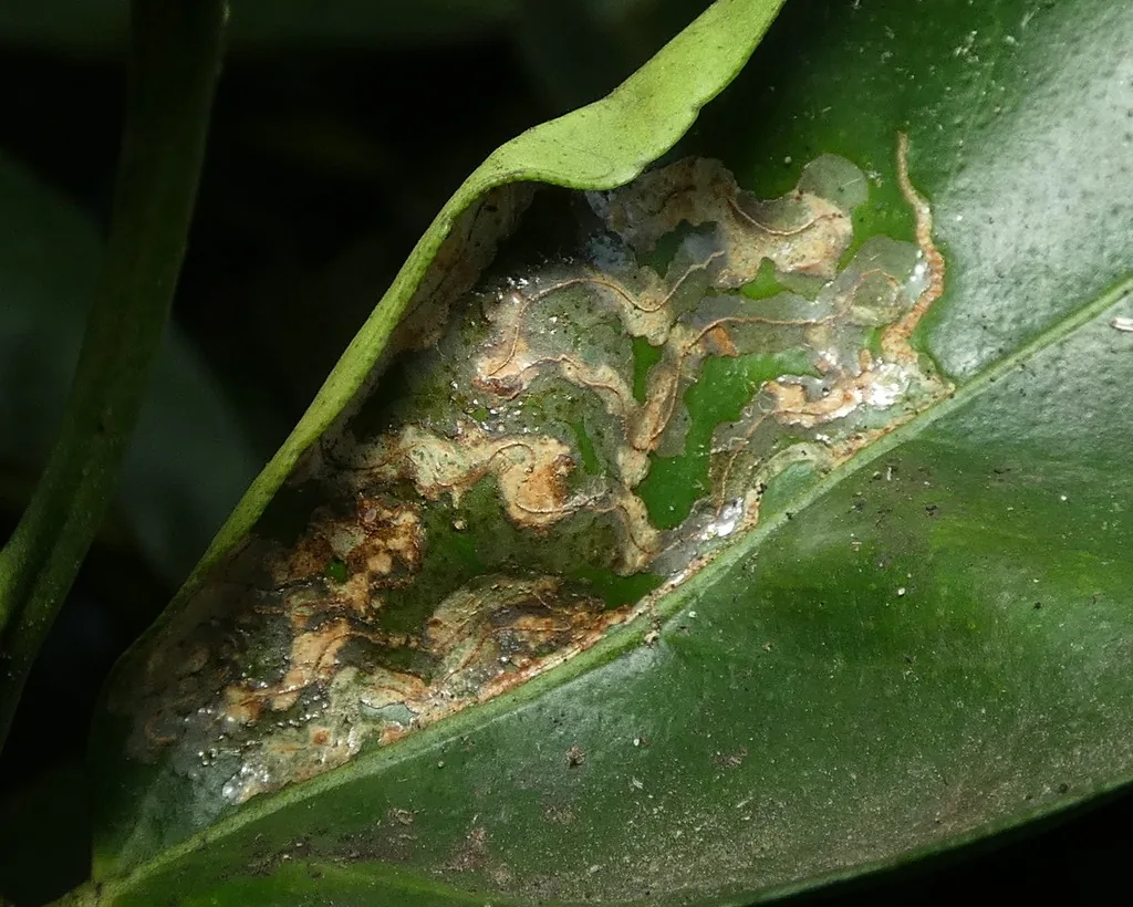 Citrus leaf with silvery, winding leafminer tunnels marked by a thin dark line