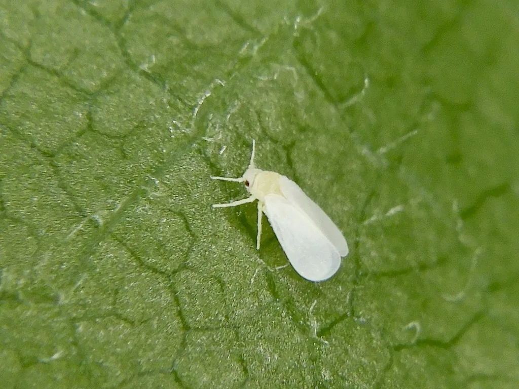 Citrus whitefly adult with white powdery wings on a leaf