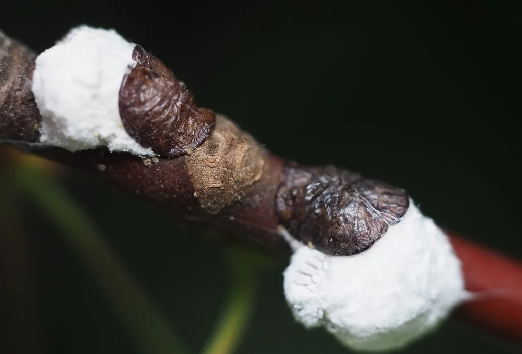 Brown cottony maple scale female with a large white cottony egg sac on a twig