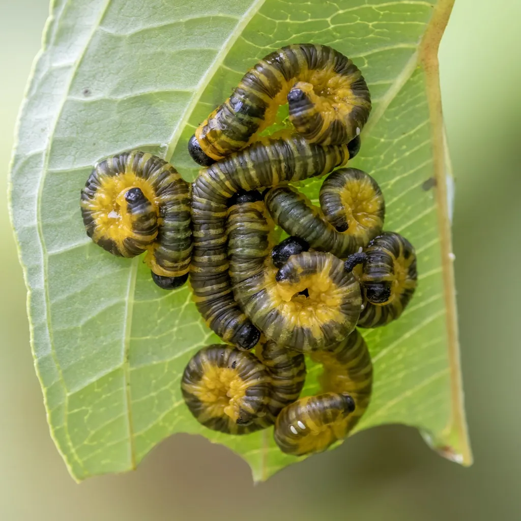 Cluster of dogwood sawfly larvae, yellow with black markings, curled on a dogwood leaf