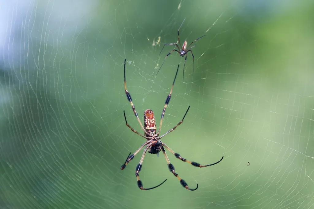 Female golden silk orb weaver with long legs banded in black and orange, hanging in her web with a much smaller male above her