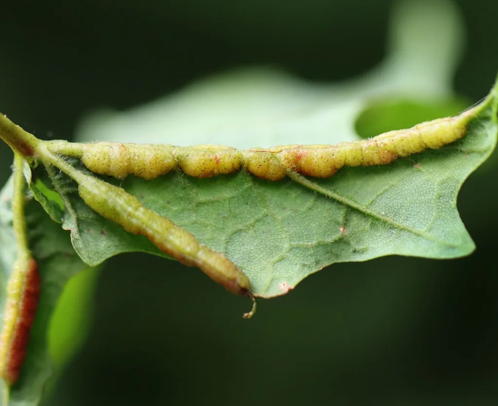 Swollen, knobby galls along the veins of a curled maple leaf, yellowish shading to red