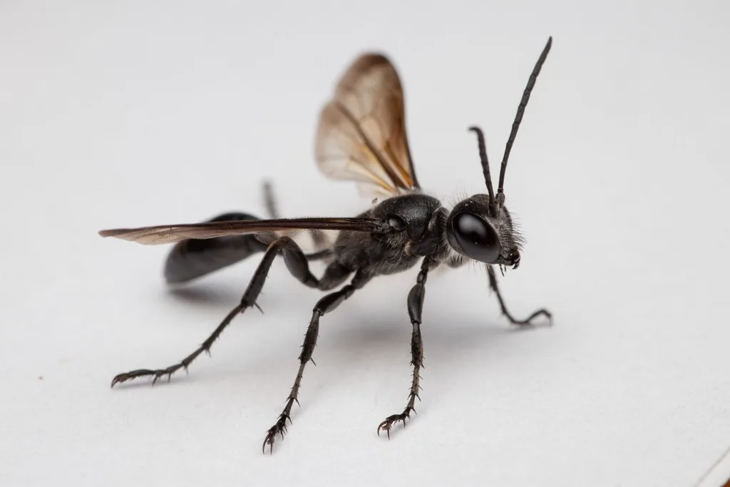 Grass-carrying wasp, a slender black wasp with smoky wings and a long thin waist, on a white surface