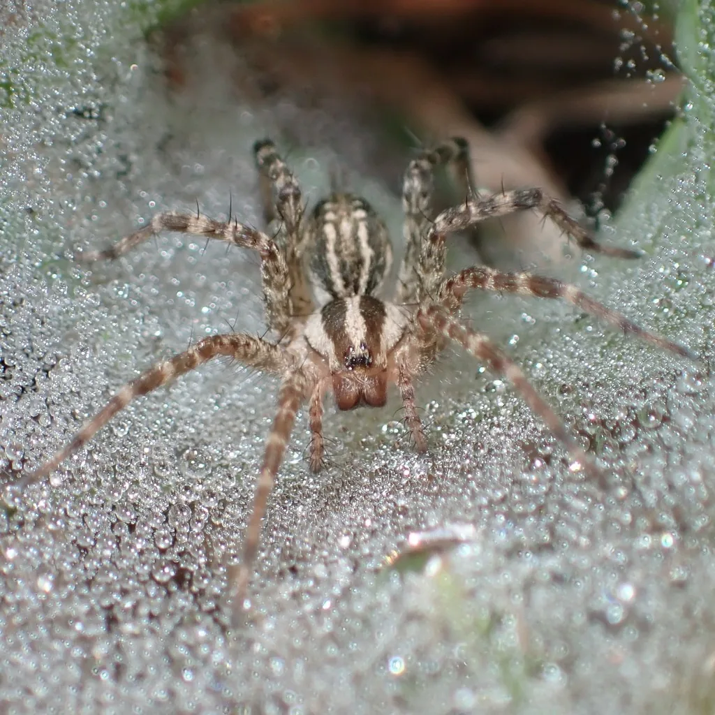 Grass spider sitting on a dew-covered sheet web, its brown body marked with pale and dark stripes