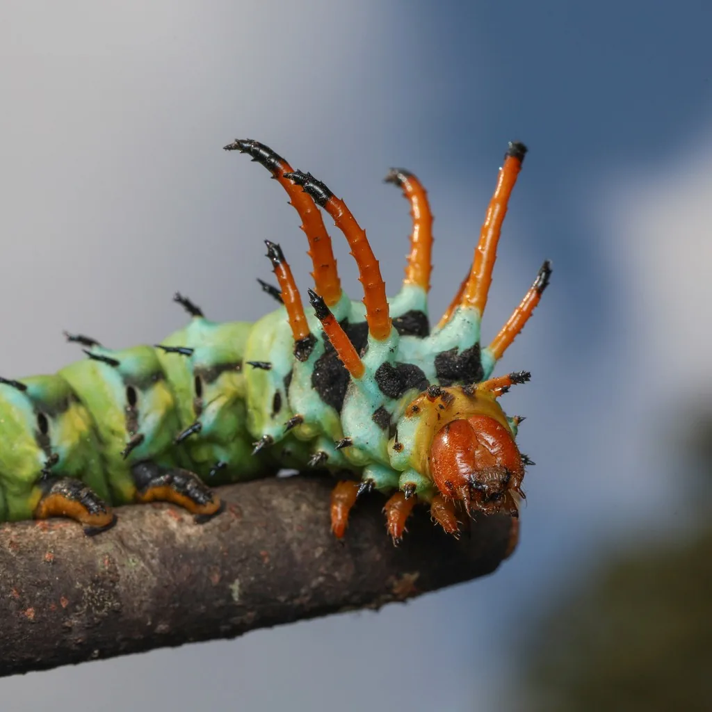 Hickory horned devil caterpillar, large and green with long orange black-tipped horns, on a twig