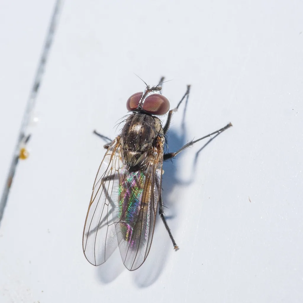 Lesser house fly, a small gray fly with reddish-brown eyes and clear wings overlapping over its back, resting on a white surface