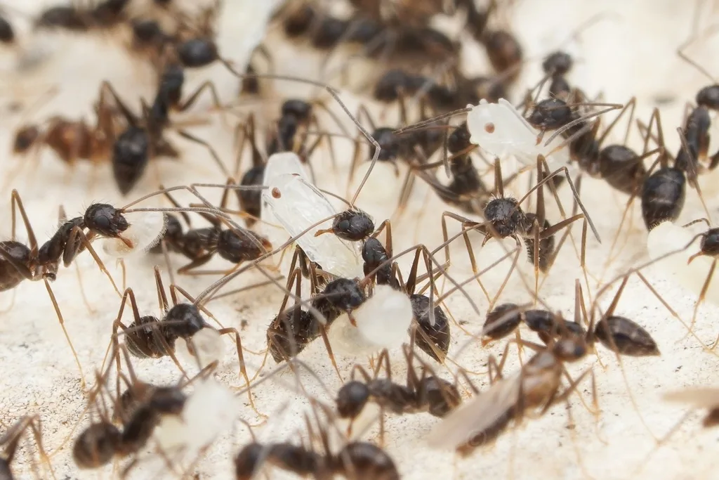 A crowd of dark, long-legged longhorn crazy ant workers feeding on white food crumbs