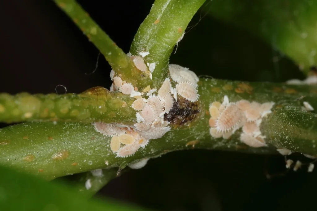Cluster of citrus mealybugs, small oval insects coated in white powdery wax, packed into the joints of a green plant stem