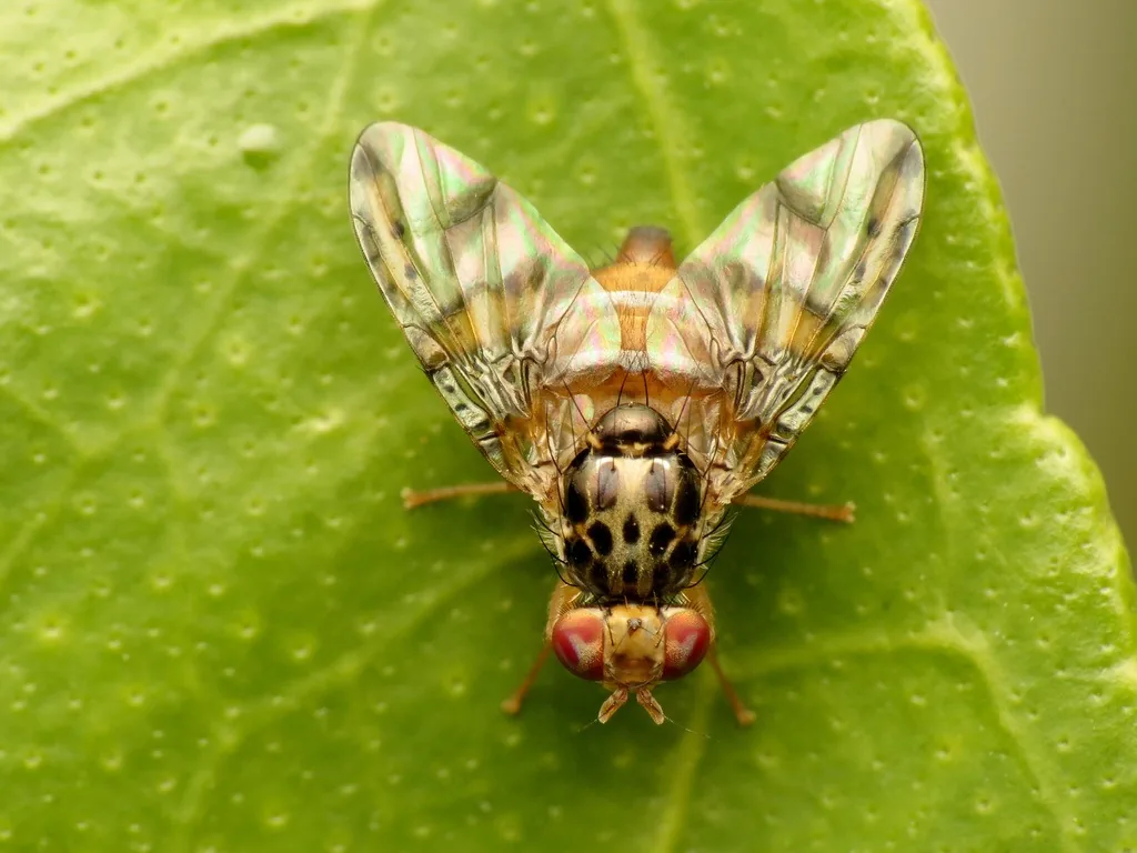 Mediterranean fruit fly with patterned wings and a black-spotted thorax, on a leaf