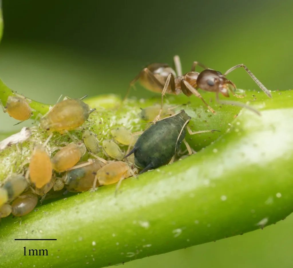 Melon aphids in yellow and dark green forms on a stem, tended by an ant, beside a 1 mm scale bar