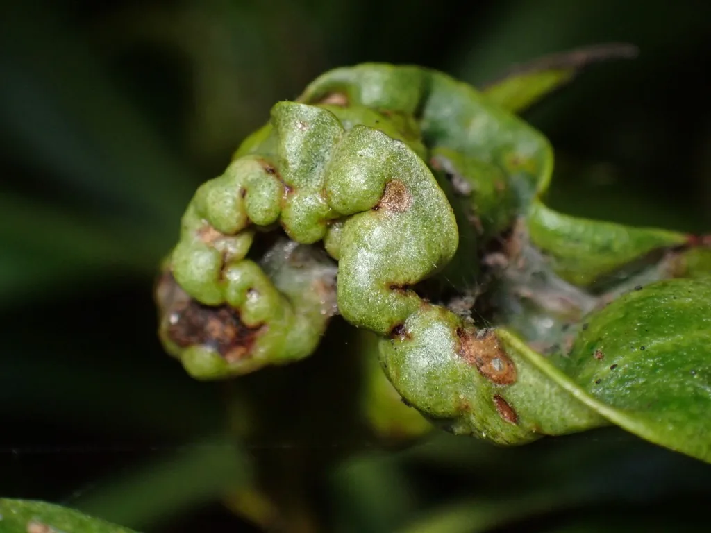 Myoporum thrips damage, new Myoporum leaves twisted into lumpy gall-like growths