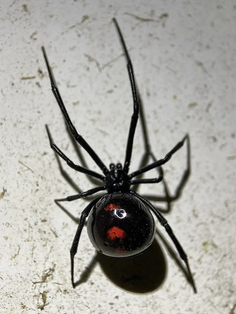 Female northern black widow, glossy black with red spots along the top of its round abdomen, on a pale wall