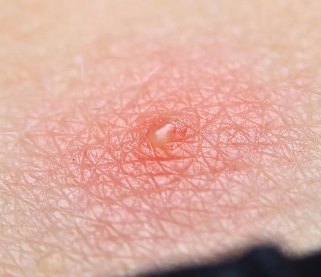 Oak leaf itch mite bite on human skin: a raised red welt with a small blister in the center