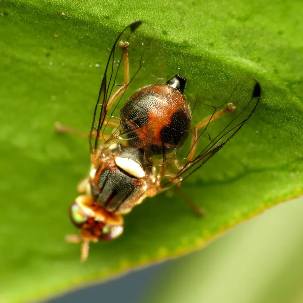 Olive fruit fly adult with brown body, pale patches on the thorax and clear wings with dark tips, on a leaf