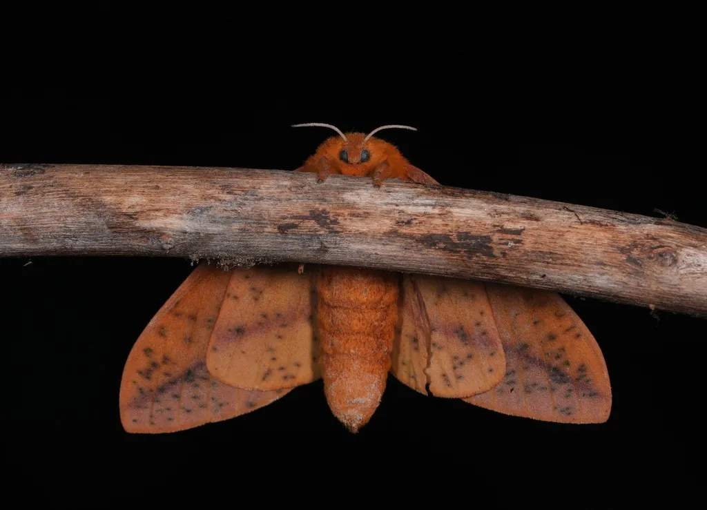 Orangestriped oakworm moth, rusty orange with a small white spot on each forewing, on a twig