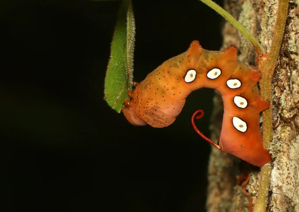 Orange pandorus sphinx caterpillar with white oval spots on a stem