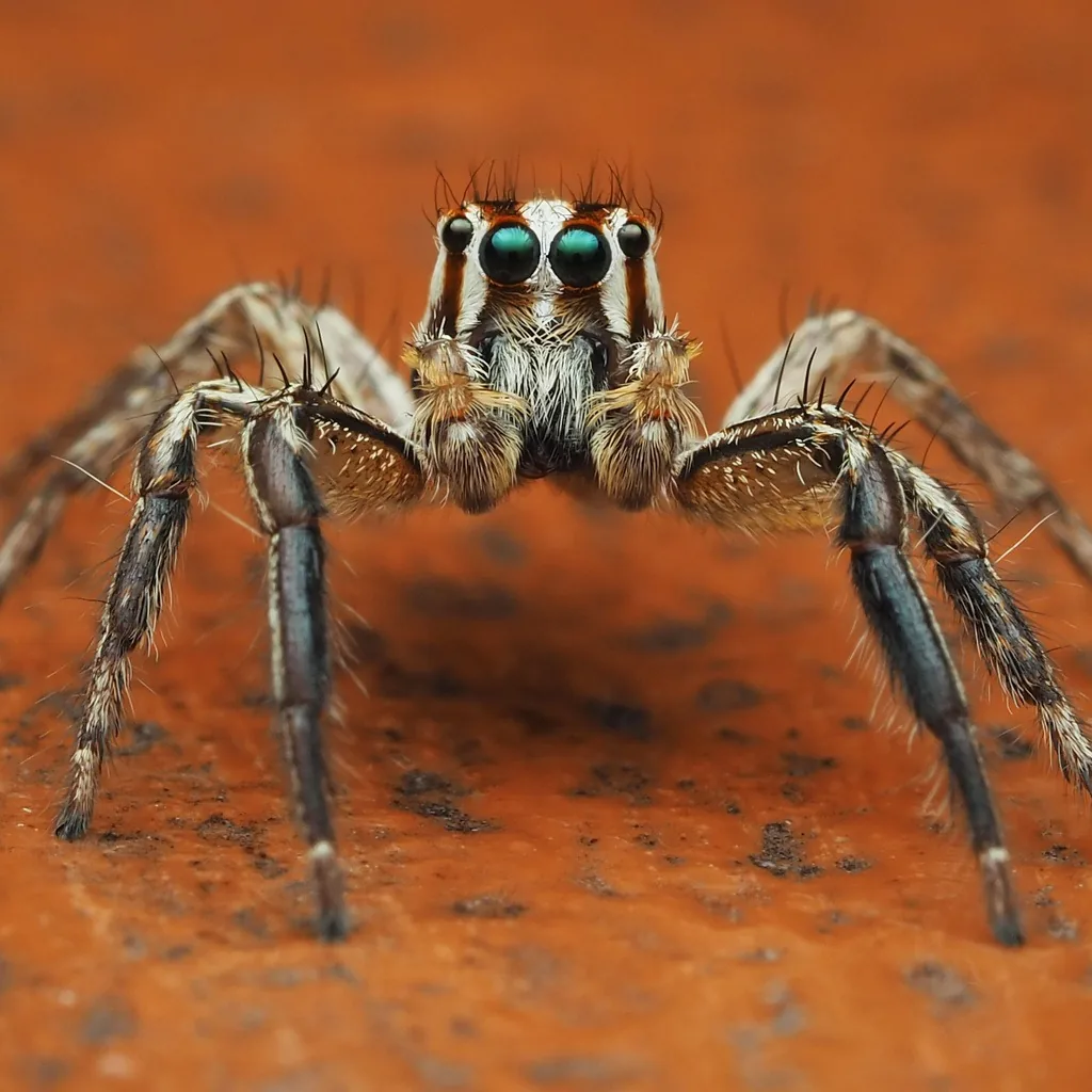 Pantropical jumping spider, a dark spider with white face stripes and large front eyes, facing the camera