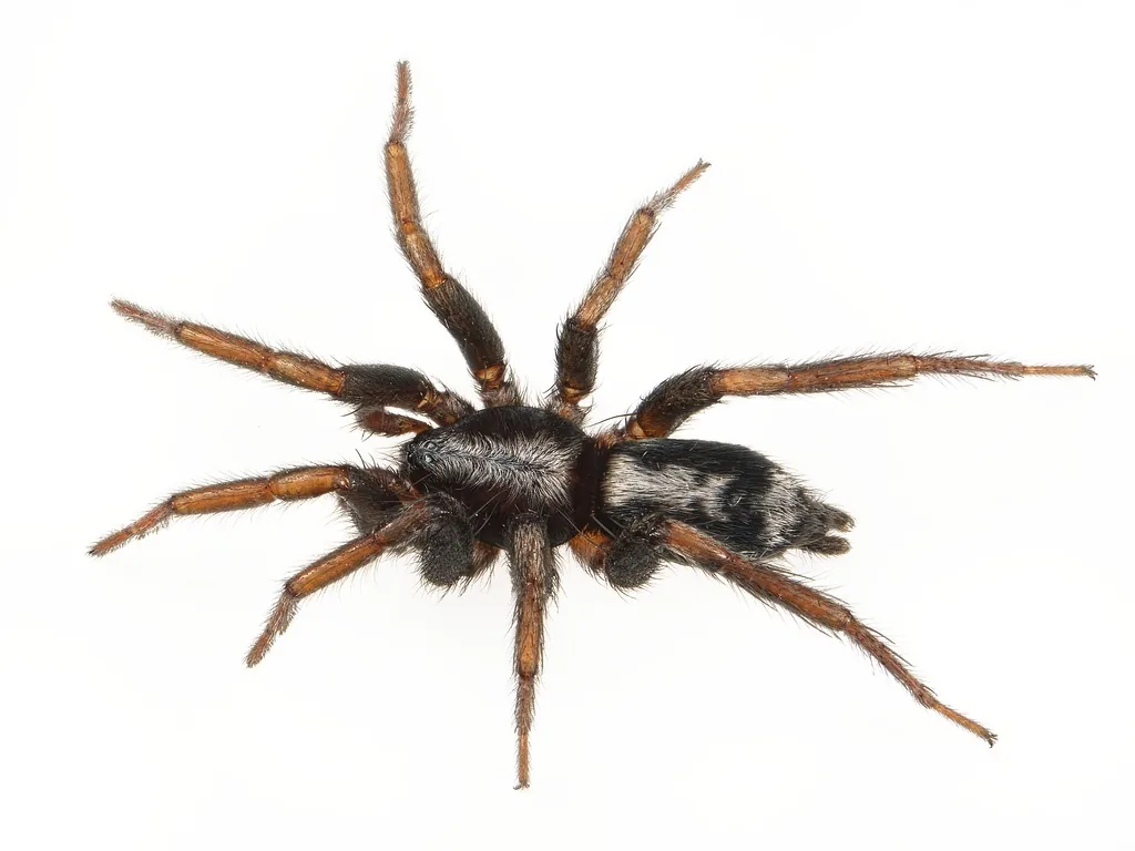 Parson spider seen from above on a white background: a dark, hairy spider with a black abdomen crossed by a white band and long brown legs