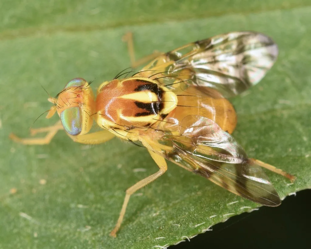 Pepper maggot fly, a yellow-orange fly with green eyes and brown-banded wings, on a leaf