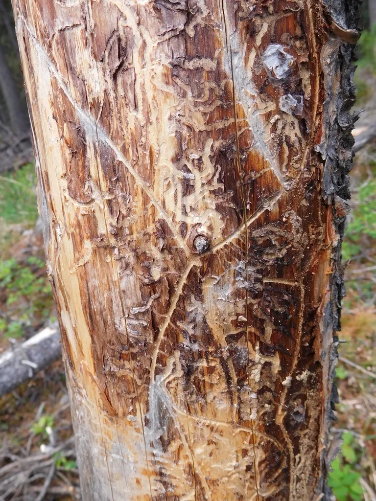Branching pine engraver galleries etched into a pine trunk where the bark has come off