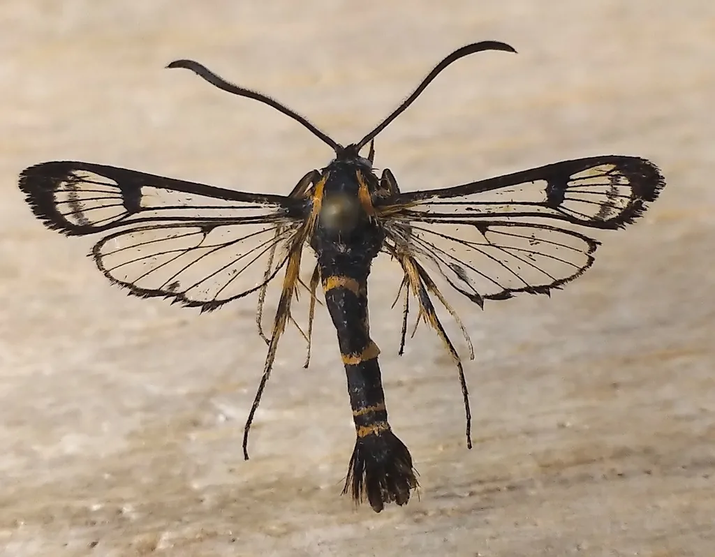 Douglas-fir pitch moth, a wasp-like clearwing moth with dark body and pale bands, on a pale surface