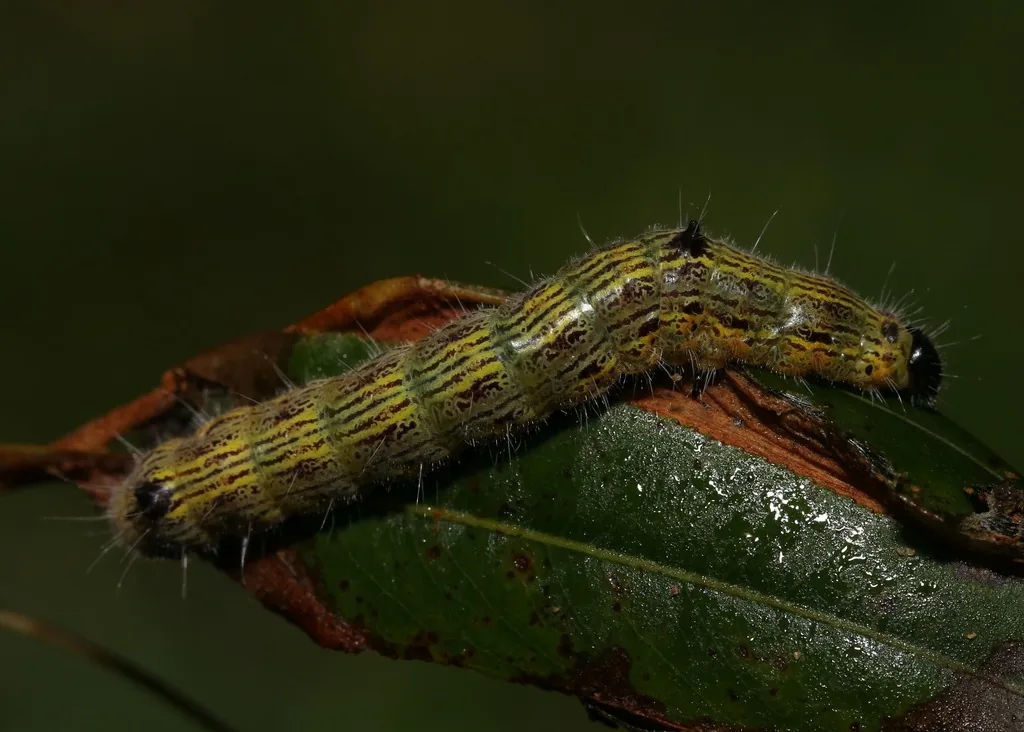 Poplar tentmaker caterpillar with yellow stripes on a leaf