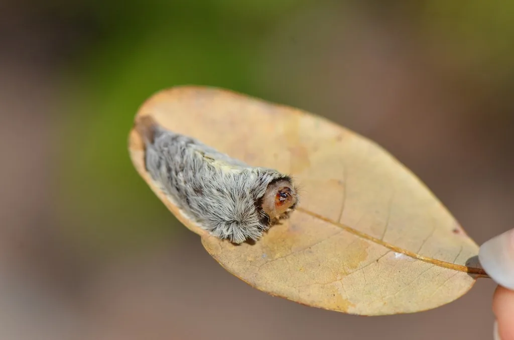 Puss caterpillar, a teardrop-shaped larva covered in long gray fur with its small brown head showing, on a dry leaf