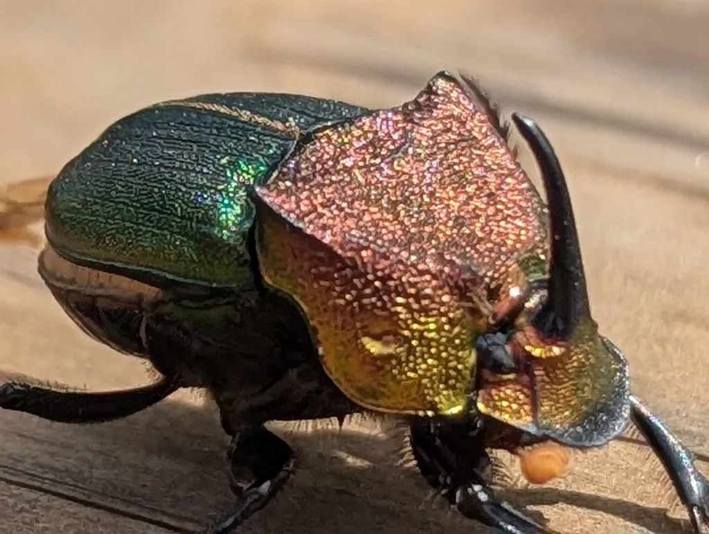 Male rainbow scarab with green wing covers, coppery thorax and a curved horn