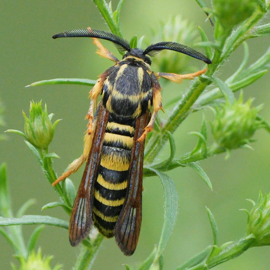 Raspberry crown borer moth, a black-and-yellow clearwing moth that resembles a yellowjacket, on a plant
