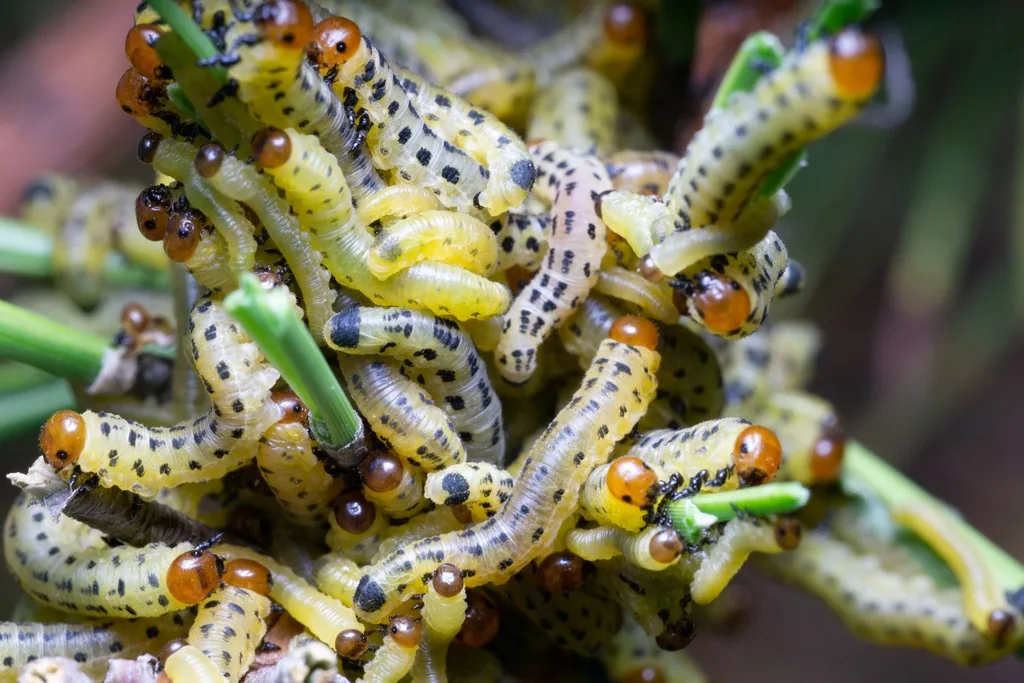 Group of redheaded pine sawfly larvae with orange-red heads and black-spotted yellow bodies on pine needles