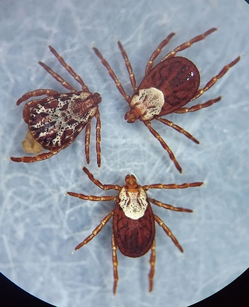 Three adult Rocky Mountain wood ticks: a male with a mottled pale-patterned back and two reddish-brown females with a pale shield behind the head