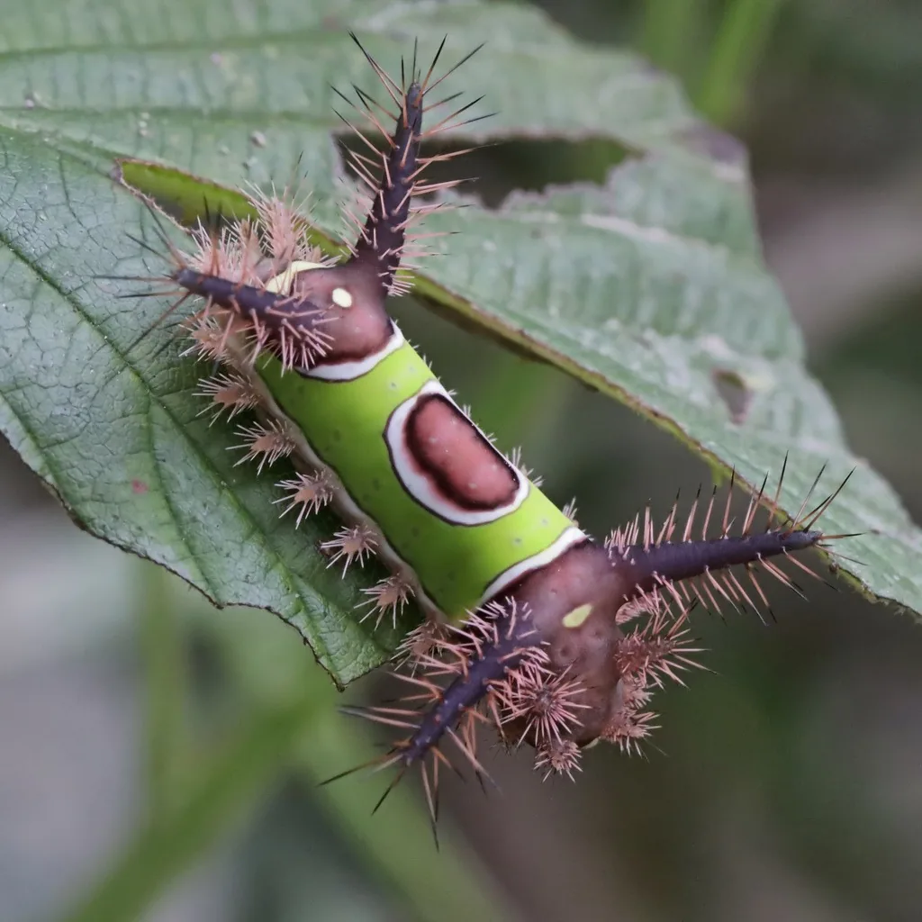 Saddleback caterpillar on a leaf, with a bright green middle, a white-ringed brown saddle spot and spiny brown horns at both ends