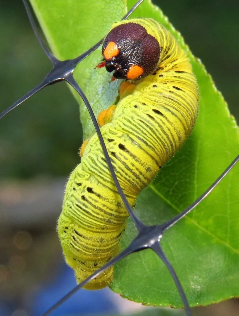 Yellow-green silver-spotted skipper caterpillar with a red-brown head and orange eyespots