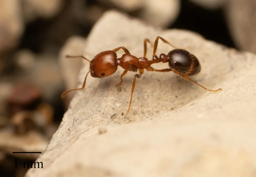 Southern fire ant worker on a pale rock, a small ant with an amber-orange head and body and a dark brown abdomen