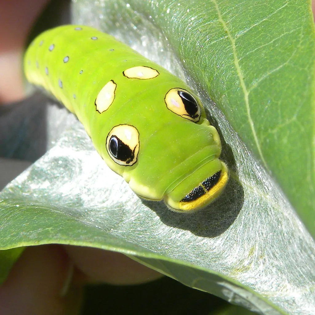 Green spicebush swallowtail caterpillar showing large black-and-yellow eyespots