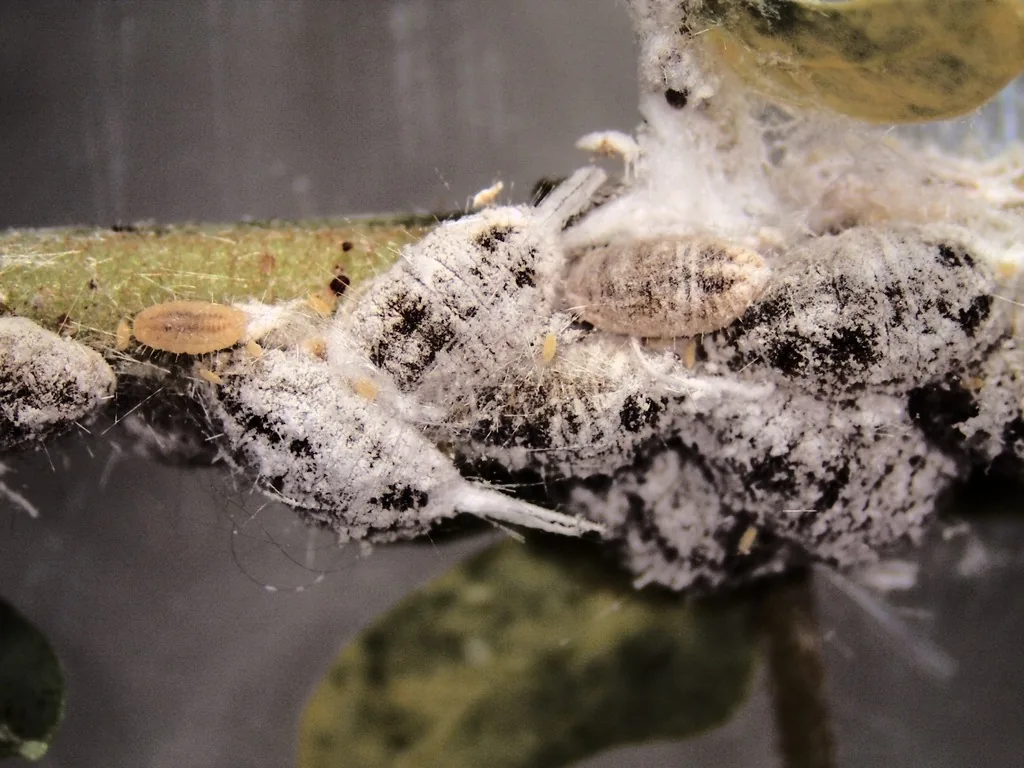 Striped mealybugs, white and waxy with long filaments, on a stem