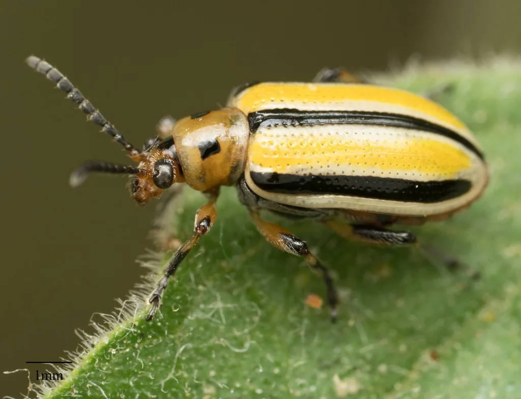 Threelined potato beetle, a small yellowish beetle with three black stripes and an orange thorax, on a leaf