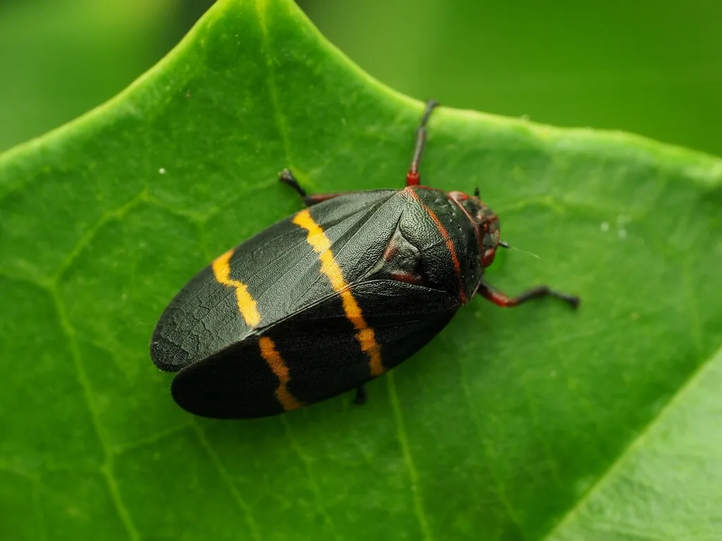 Twolined spittlebug adult on a leaf, black with two orange stripes across its back