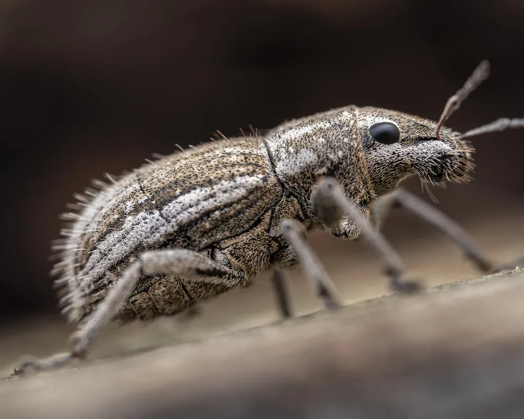 Whitefringed beetle, a gray-brown weevil with pale stripes along its sides
